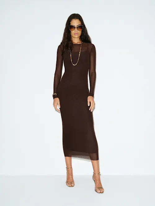 Sjzca Sheer Brown Long Sleevewith Gold Chain Accent Midi Prom Dress