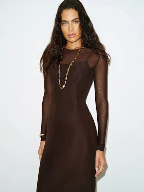 Sjzca Sheer Brown Long Sleevewith Gold Chain Accent Midi Prom Dress