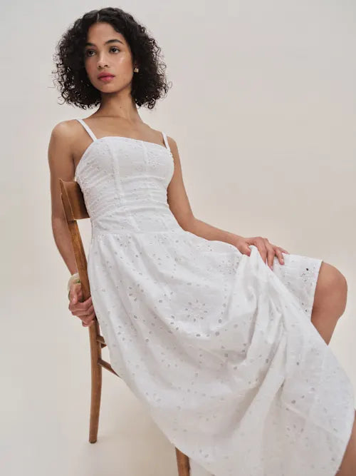 Sjzca White Eyelet Embroidery Midi Prom Dress