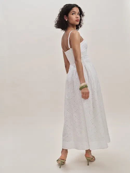Sjzca White Eyelet Embroidery Midi Prom Dress