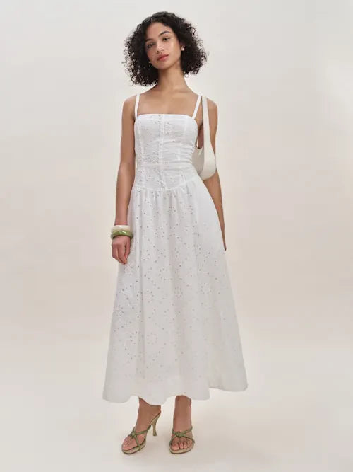 Sjzca White Eyelet Embroidery Midi Prom Dress