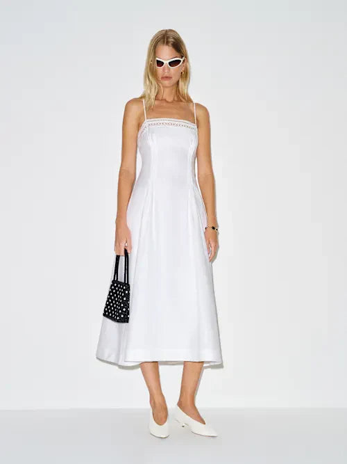 Sjzca White Eyelet Trim Midi Prom Dress