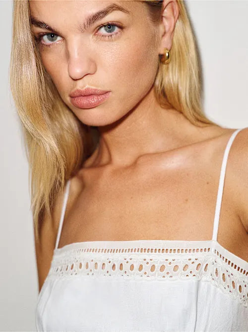 Sjzca White Eyelet Trim Midi Prom Dress