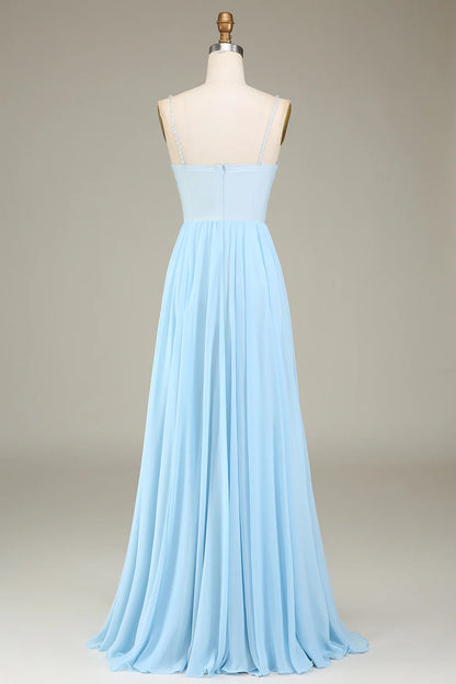 Sky Blue A-Line Chiffon Long Bridesmaid Dress With Beading