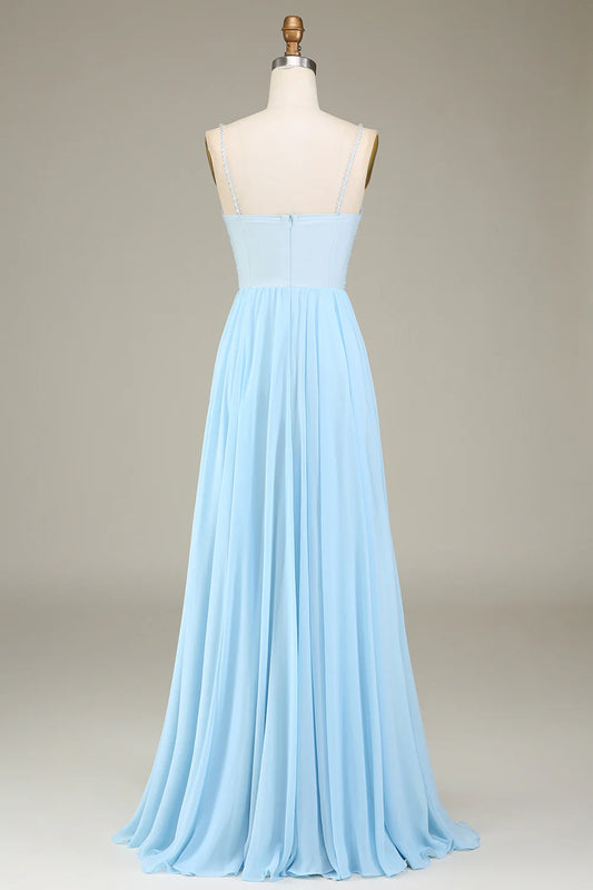Sky Blue A-Line Chiffon Long Bridesmaid Dress With Beading