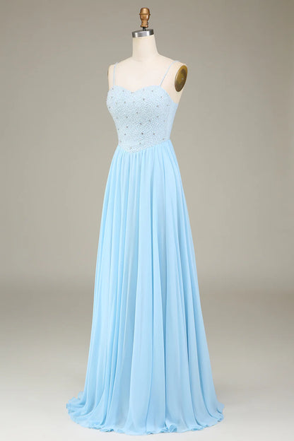 Sky Blue A-Line Chiffon Long Bridesmaid Dress With Beading