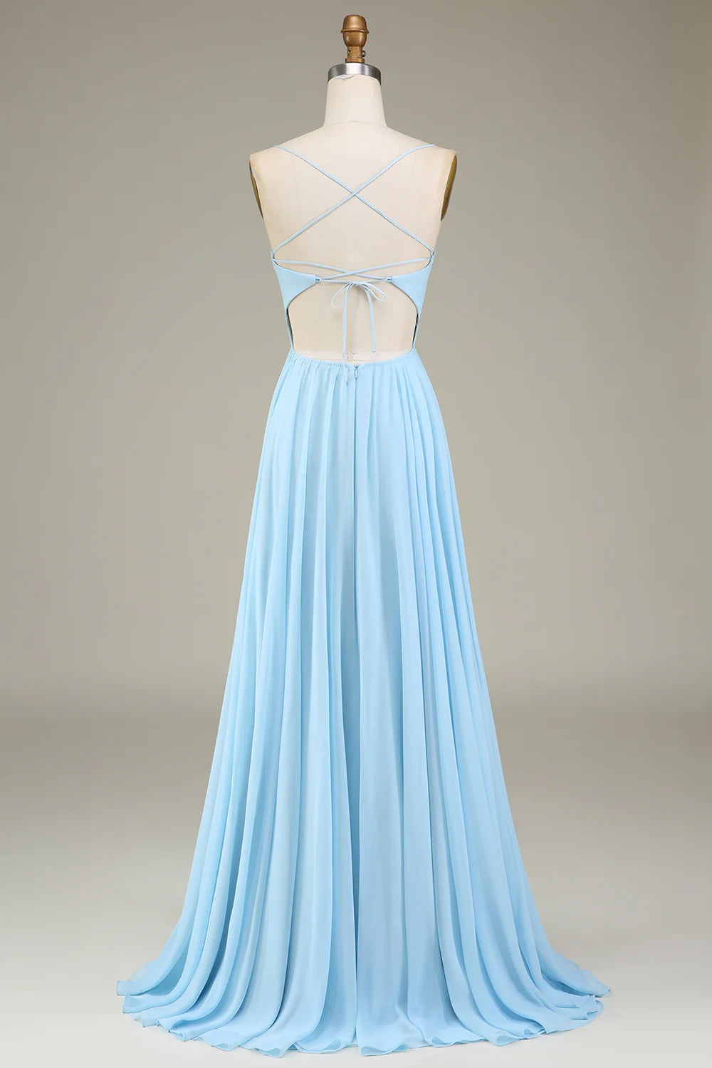 Sky Blue A-Line Spaghetti Straps Chiffon Long Bridesmaid Dress