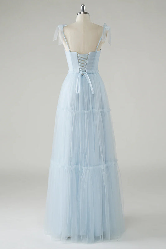 Sky Blue A Line Spaghetti Straps Corset Long Bridesmaid Dress with Lace Up Back