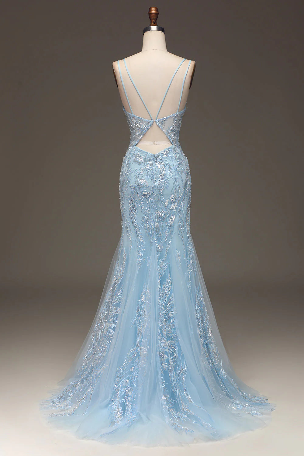 Sky Blue Beaded Spaghetti Strap Mermaid Evening Dresses
