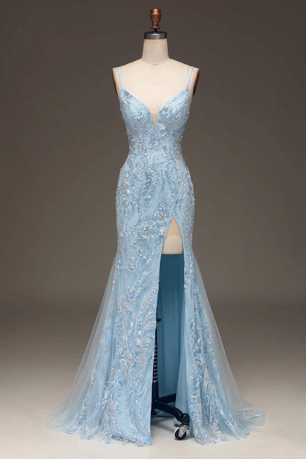 Sky Blue Beaded Spaghetti Strap Mermaid Evening Dresses