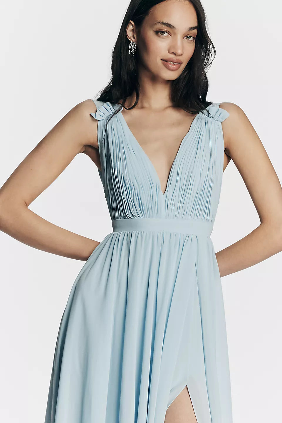 Sky Blue Chiffon Deep V-Neck Ruffle Strap Open Back Side Slit Maxi Evening Dress