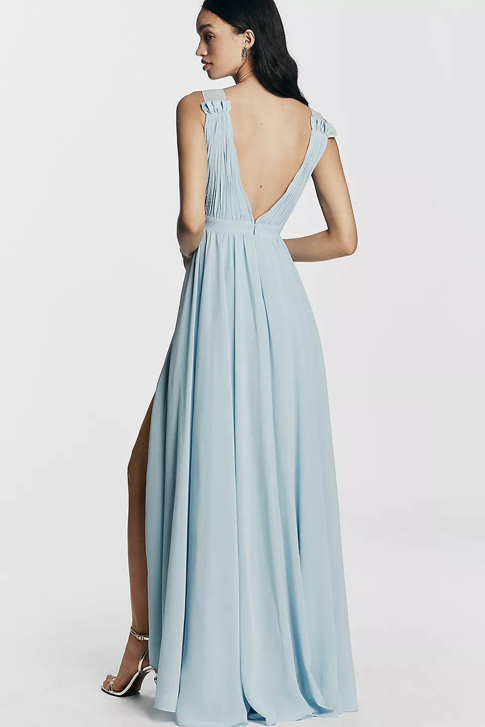 Sky Blue Chiffon Deep V-Neck Ruffle Strap Open Back Side Slit Maxi Evening Dress