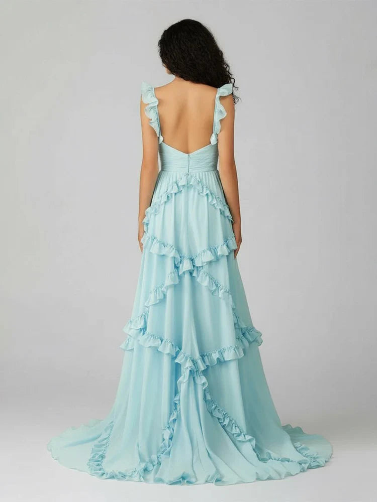 Sky Blue Chiffon Ruffled Tiered Maxi with Keyhole Cutout & Open Back Prom Dress
