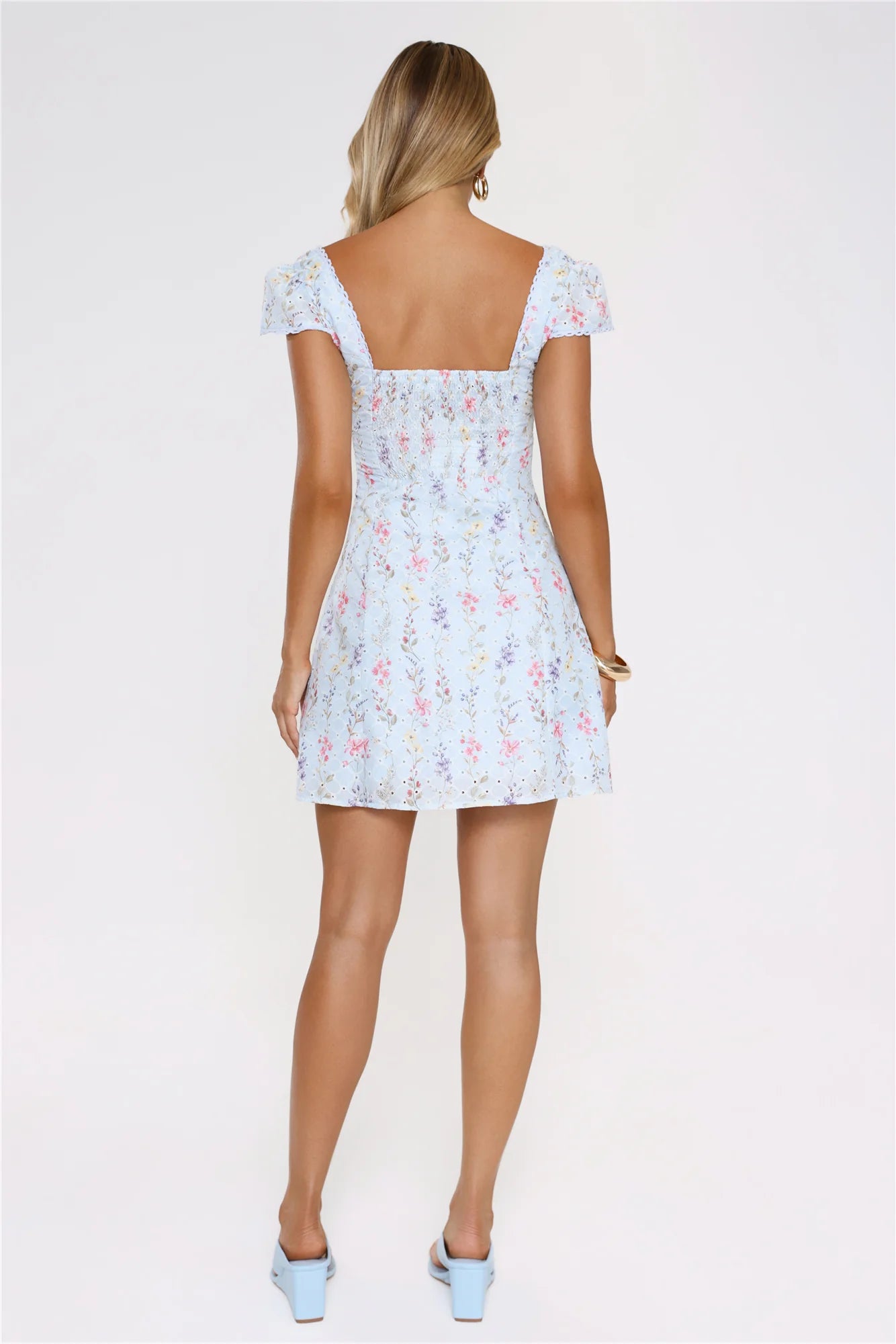 Sky Blue Floral Eyelet Puff Sleeve Mini Evening Dresses