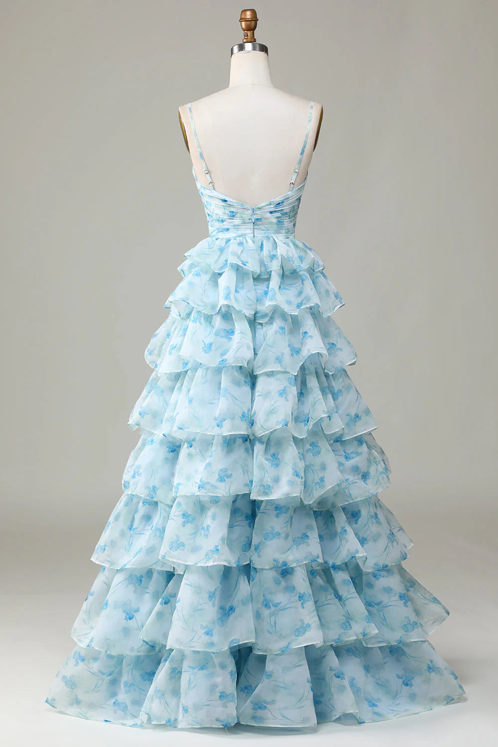 Sky Blue Floral Print Tiered Ruffle Spaghetti Strap Evening Dresses