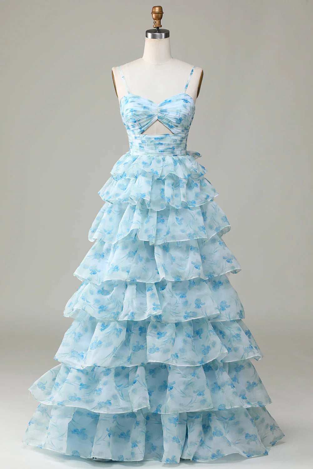 Sky Blue Floral Print Tiered Ruffle Spaghetti Strap Evening Dresses