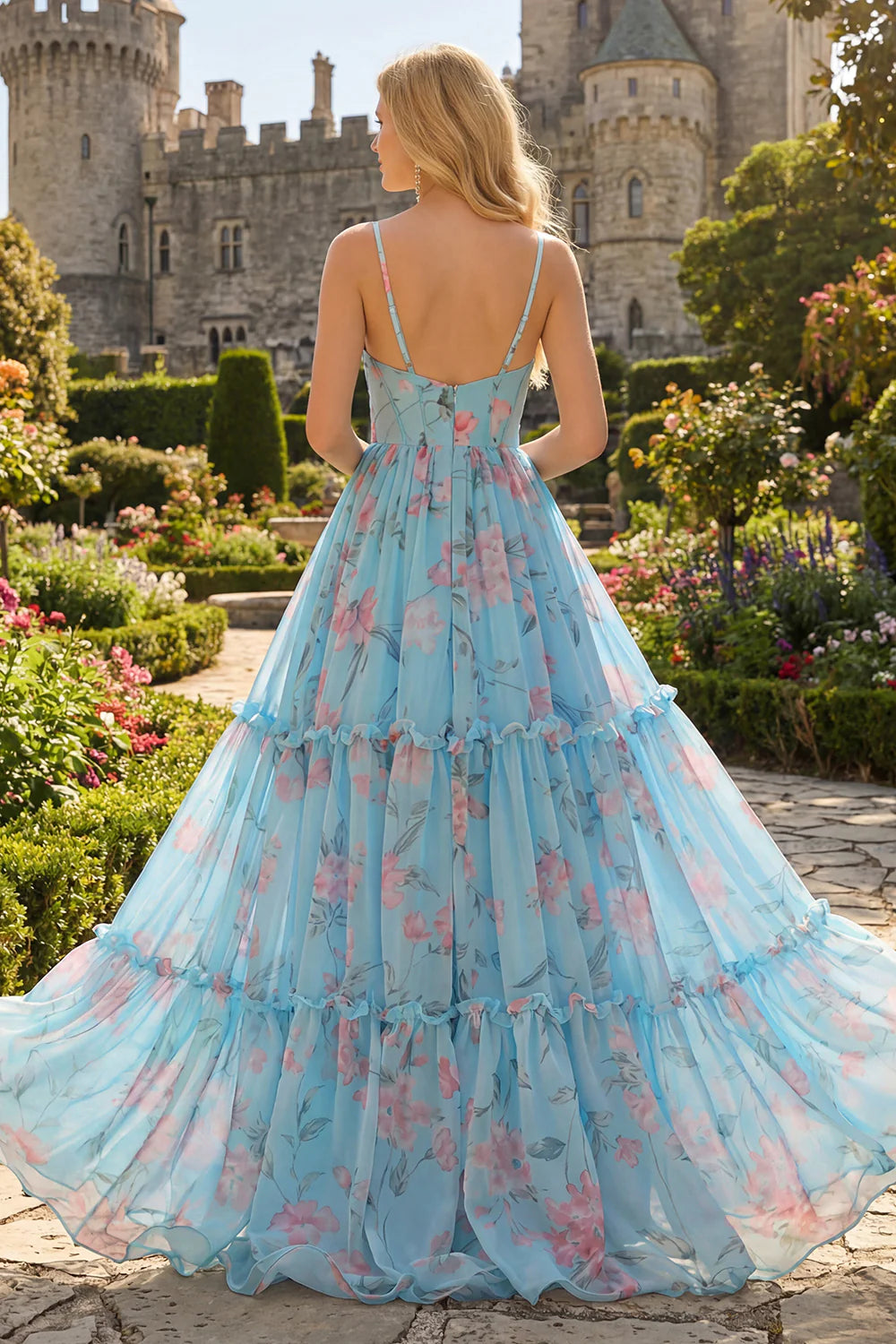 Sky Blue Floral Tiered Evening Dresses