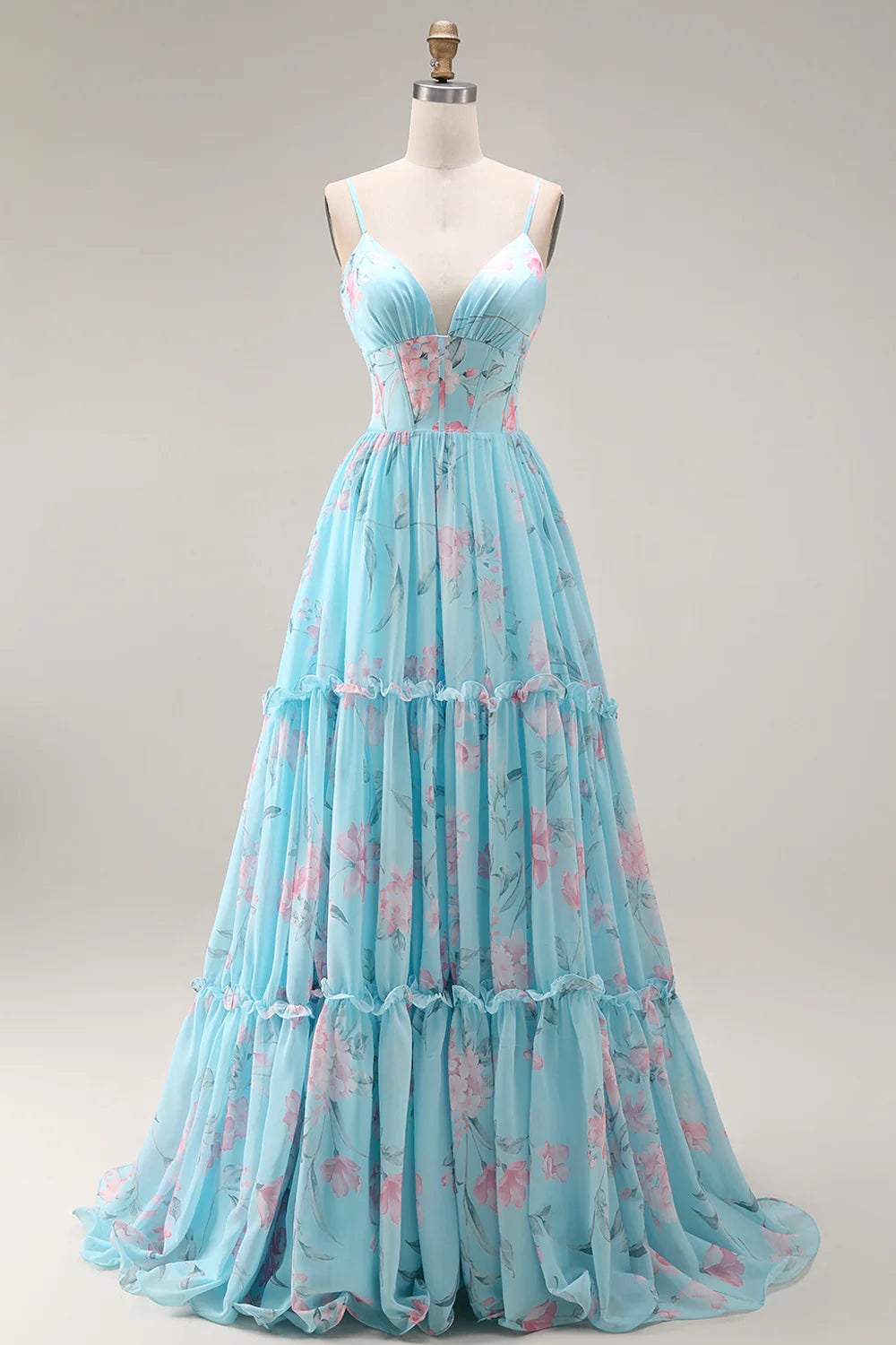 Sky Blue Floral Tiered Evening Dresses