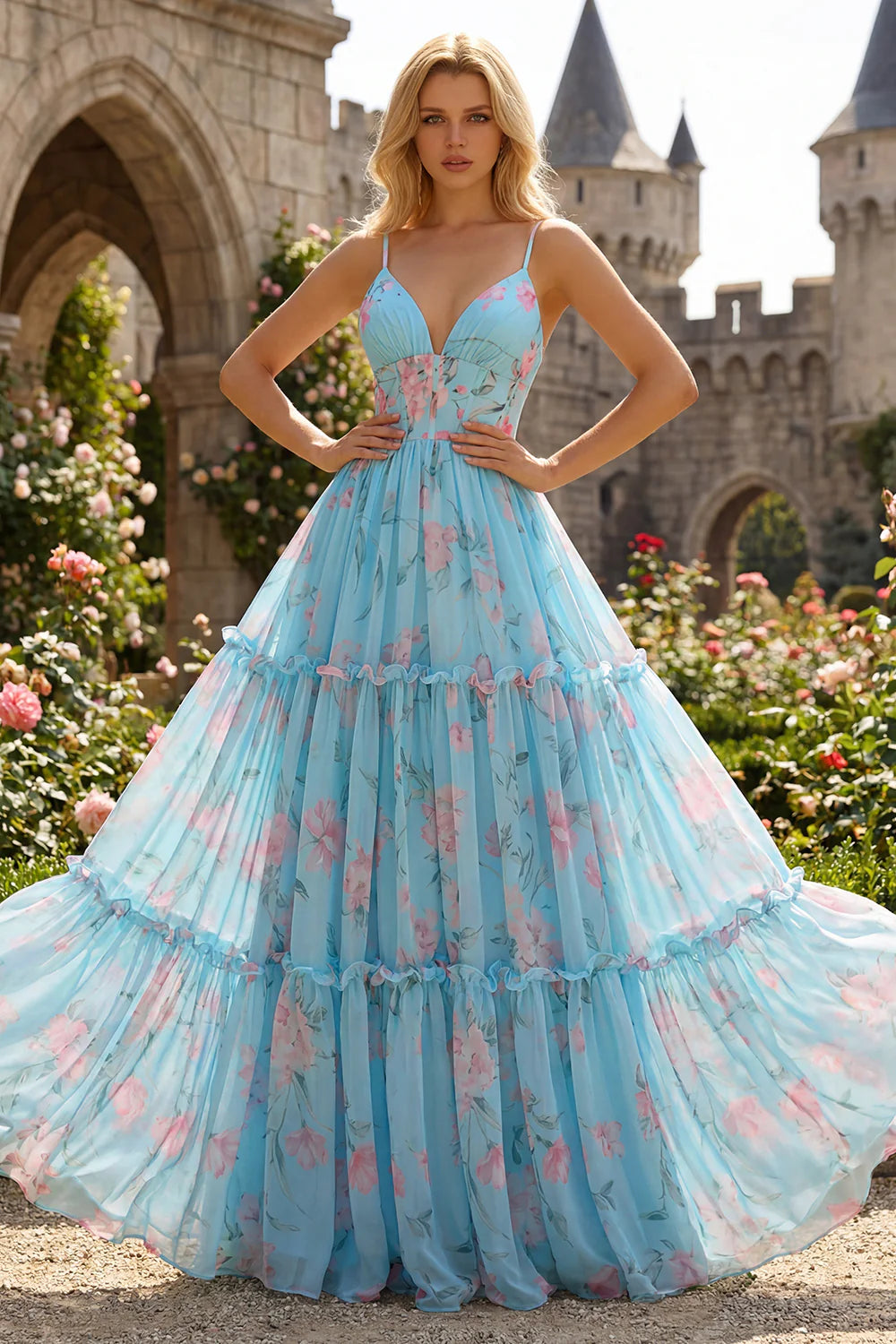Sky Blue Floral Tiered Evening Dresses