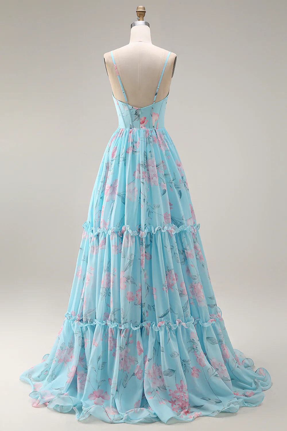 Sky Blue Floral Tiered Evening Dresses