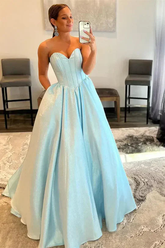 Sky Blue Glitter Satin Strapless Corset Ball Gown Prom Dress With Shimmer