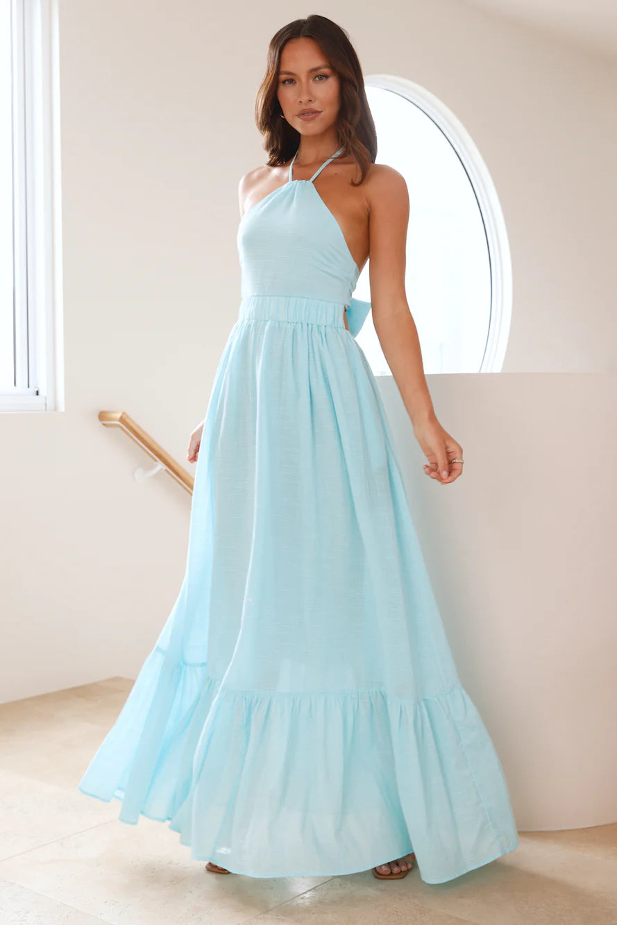 Sky Blue Halter Neck Backless Bow Ruffle Maxi Evening Dresses