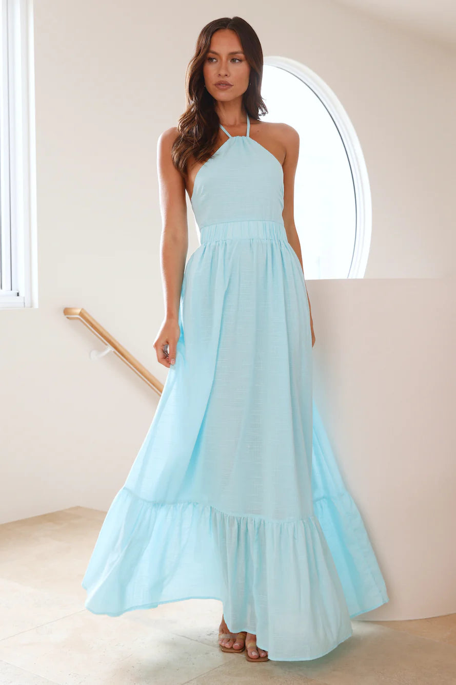 Sky Blue Halter Neck Backless Bow Ruffle Maxi Evening Dresses