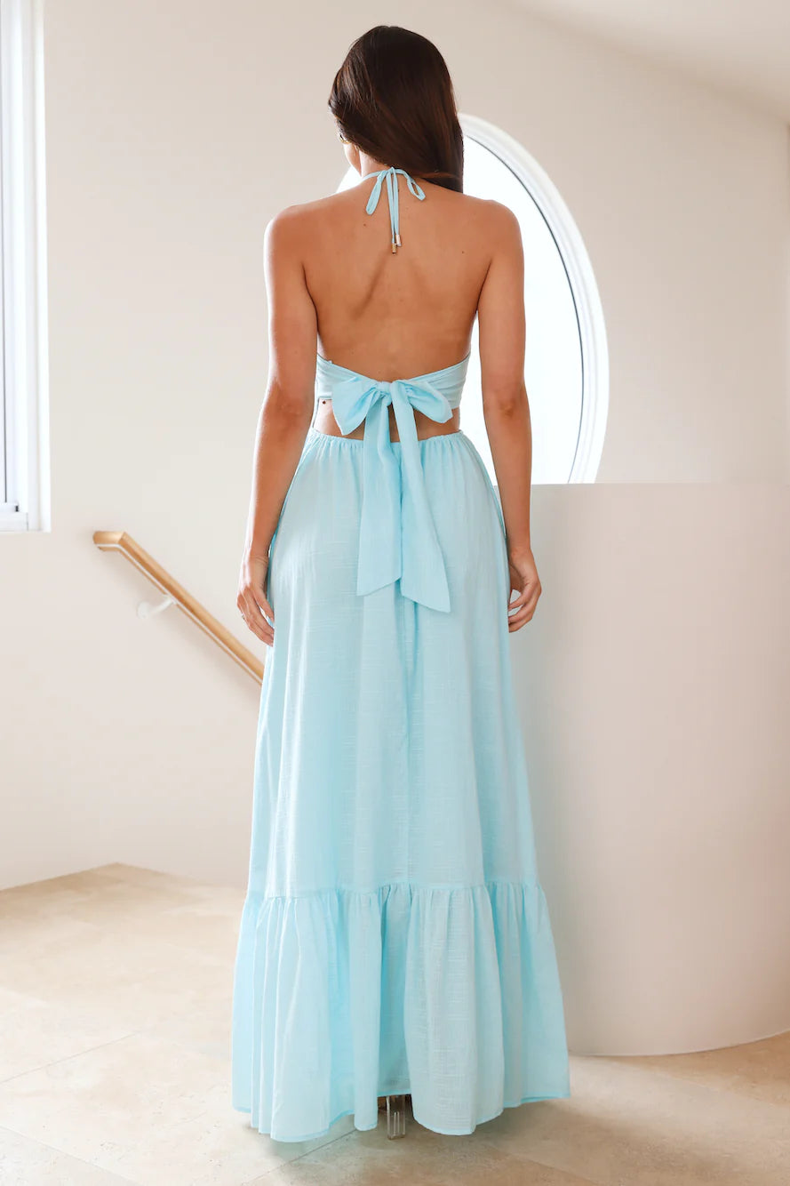 Sky Blue Halter Neck Backless Bow Ruffle Maxi Evening Dresses