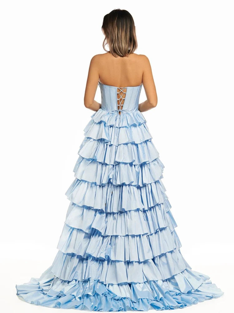 Sky Blue Halter Tiered Ruffle Satin Evening Dresses