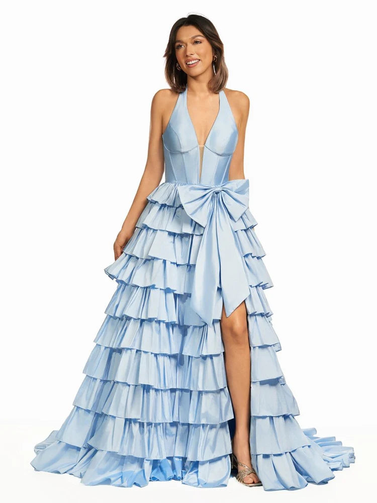 Sky Blue Halter Tiered Ruffle Satin Evening Dresses