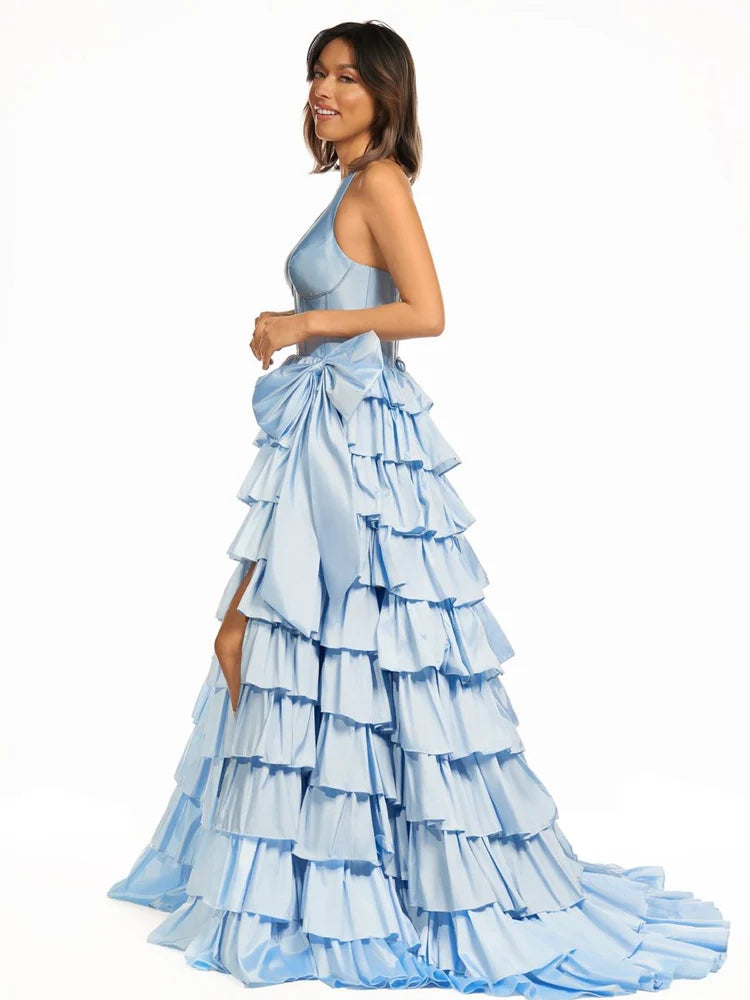Sky Blue Halter Tiered Ruffle Satin Evening Dresses