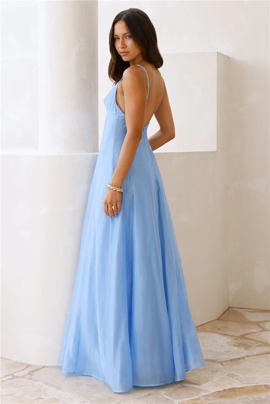 Sky Blue Linen-Blend Spaghetti Strap Deep V-Back Maxi Evening Dresses