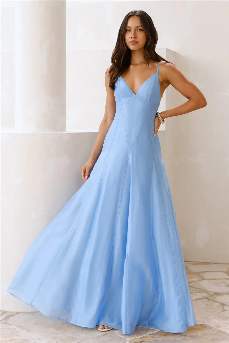 Sky Blue Linen-Blend Spaghetti Strap Deep V-Back Maxi Evening Dresses