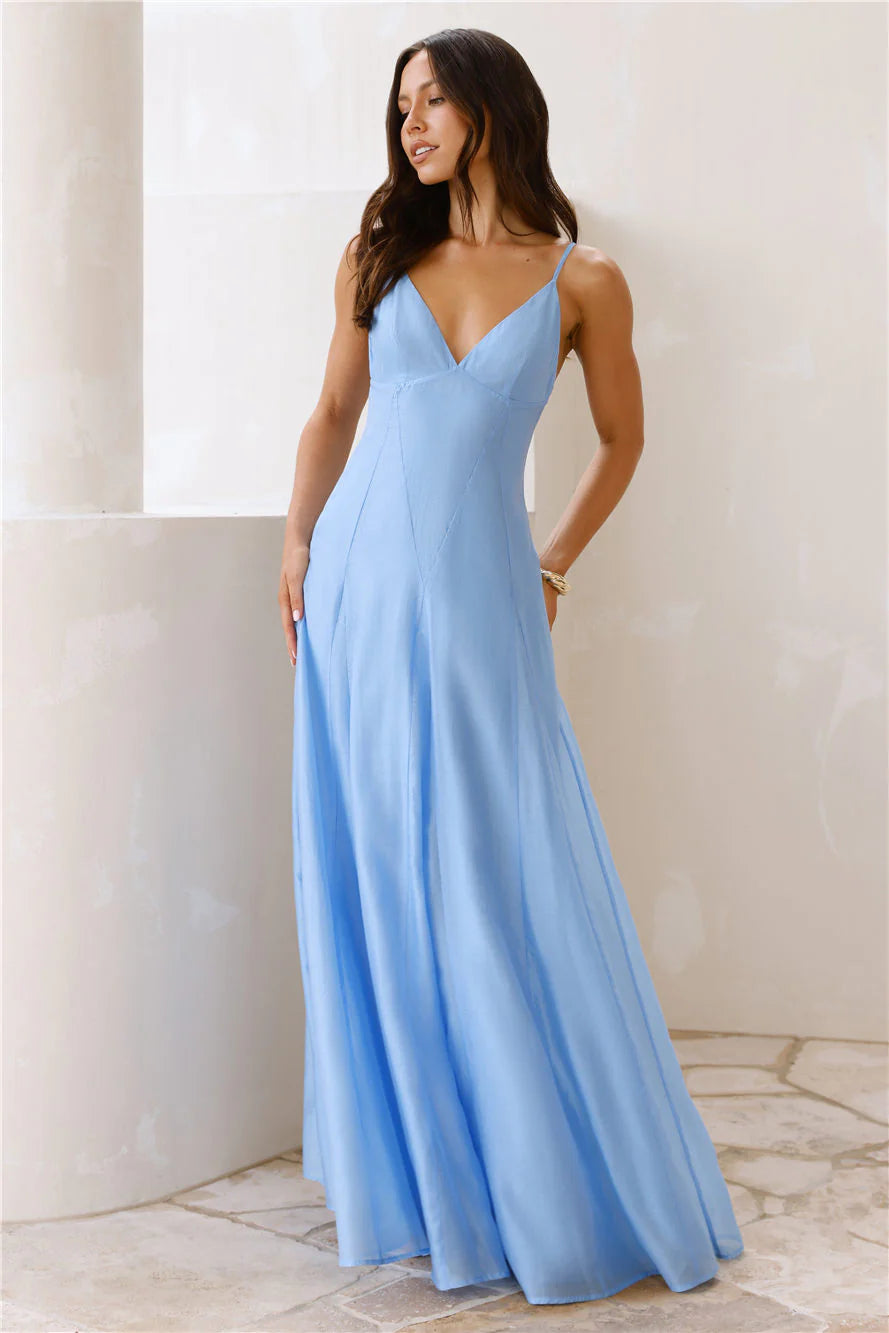 Sky Blue Linen-Blend Spaghetti Strap Deep V-Back Maxi Evening Dresses