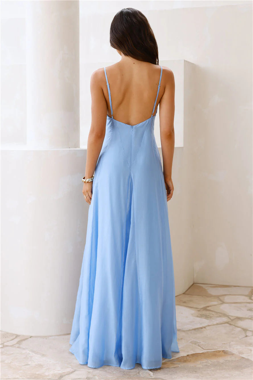 Sky Blue Linen-Blend Spaghetti Strap Deep V-Back Maxi Evening Dresses