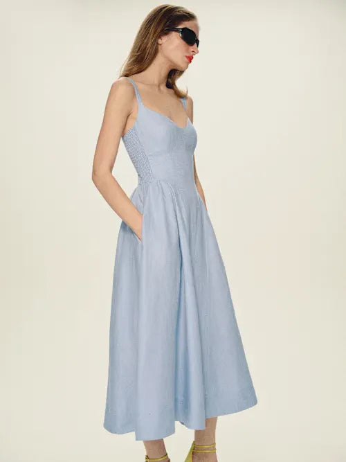 Sky Blue Linen-Blend Sweetheart Neckline Fit-and-Flare with Pockets Midi Prom Dress