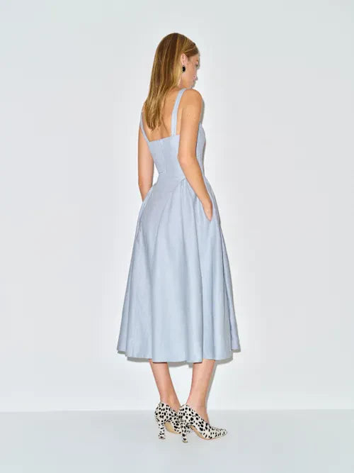 Sky Blue Linen-Blend Sweetheart Neckline Fit-and-Flare with Pockets Midi Prom Dress