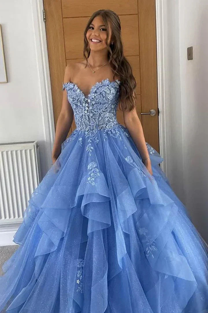 Sky Blue Off-Shoulder Lace Applique Tiered Tulle Ball Gown Prom Dress