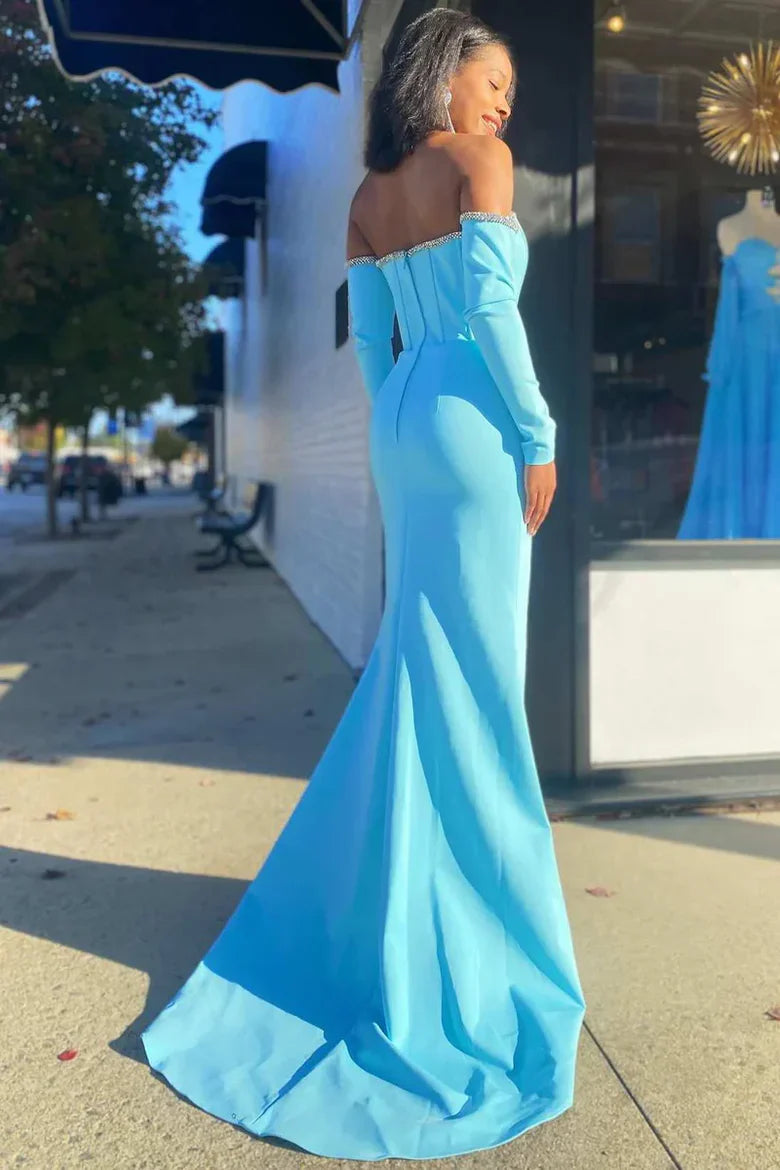 Sky Blue Off-the-Shoulder Mermaid Prom Dress with Long Sleeves and Rhinestone Trim