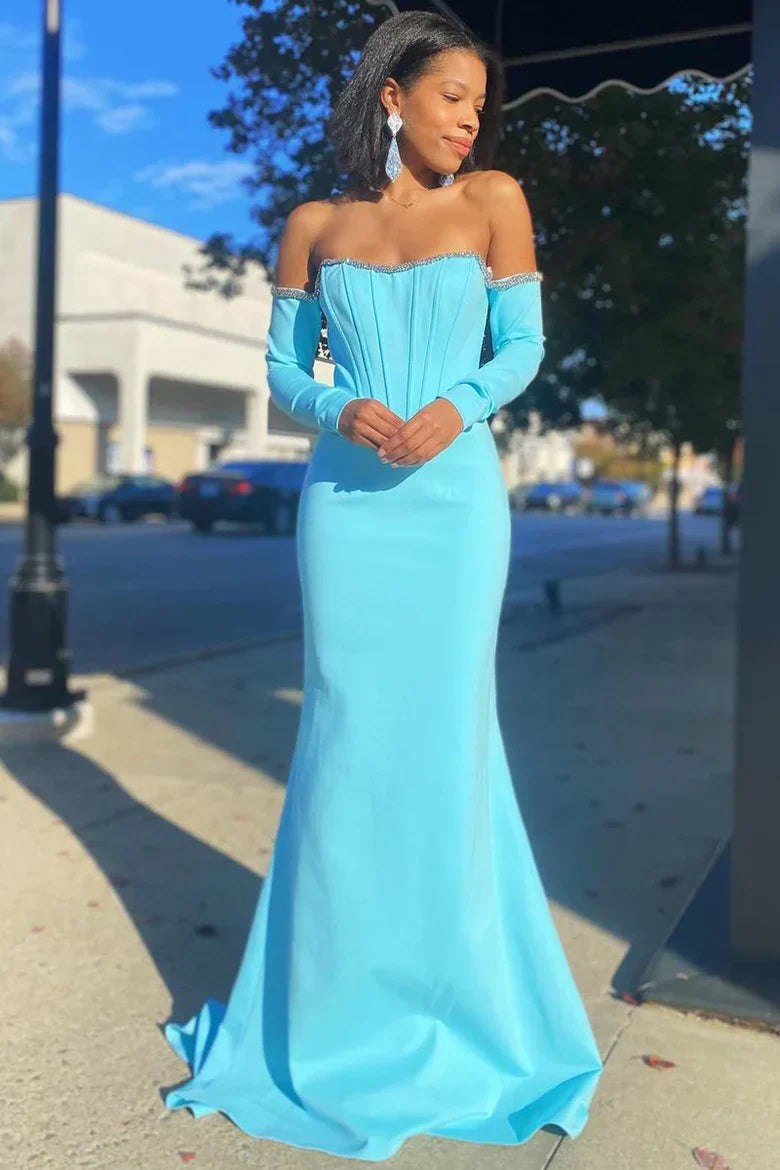 Sky Blue Off-the-Shoulder Mermaid Prom Dress with Long Sleeves and Rhinestone Trim