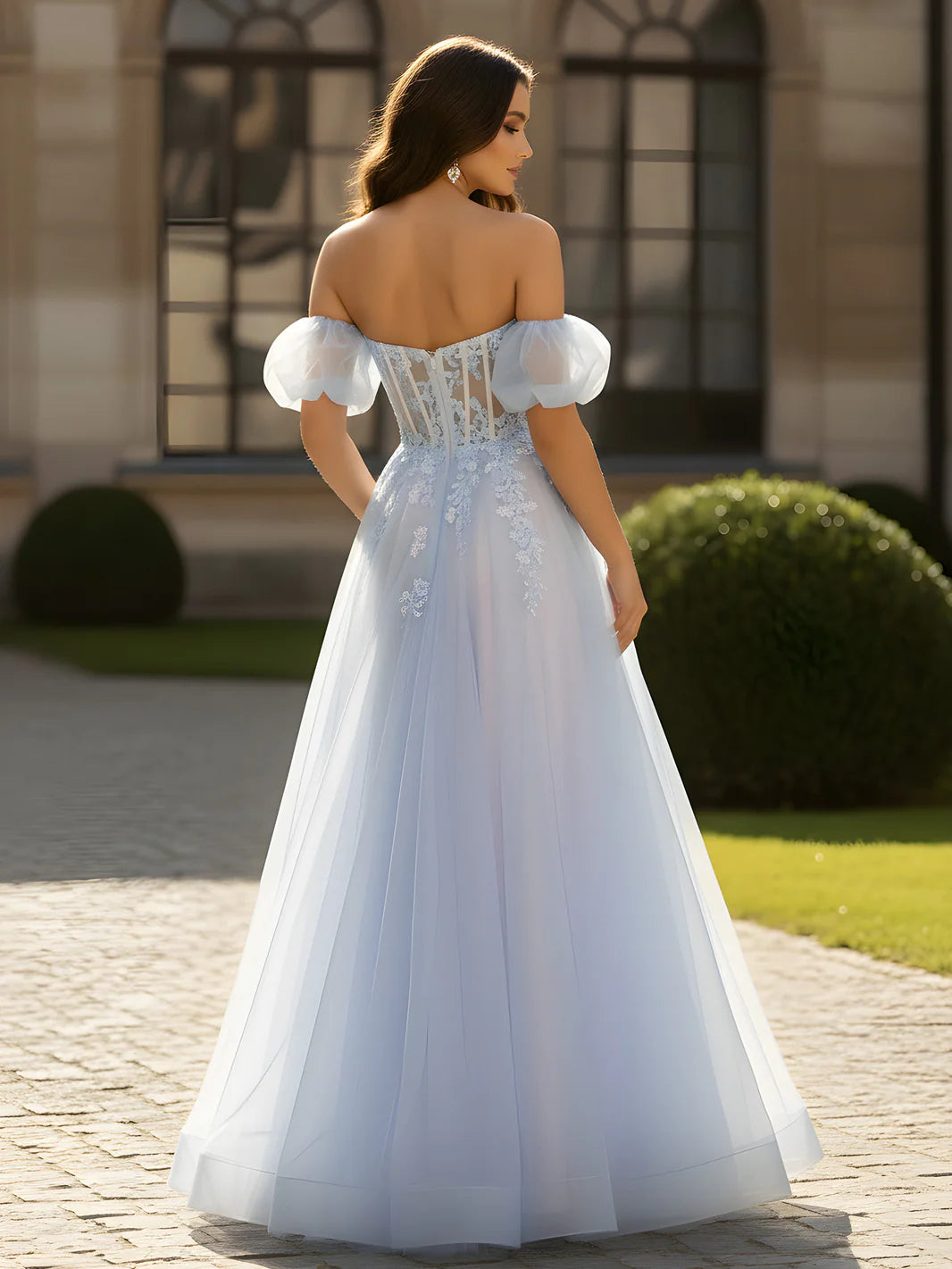 Sky Blue Off-the-Shoulder Puff Sleeve Lace Evening Dresses