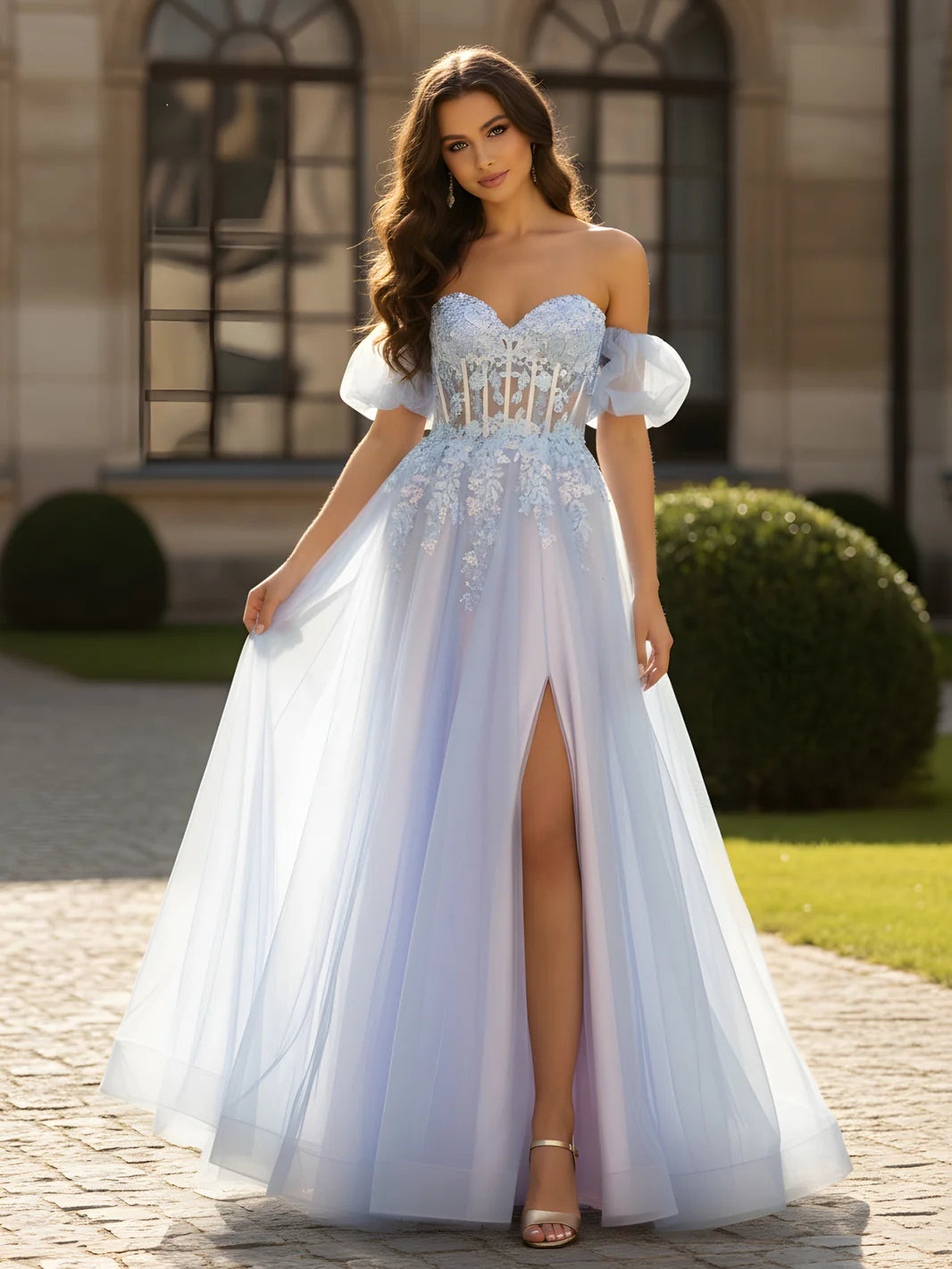 Sky Blue Off-the-Shoulder Puff Sleeve Lace Evening Dresses