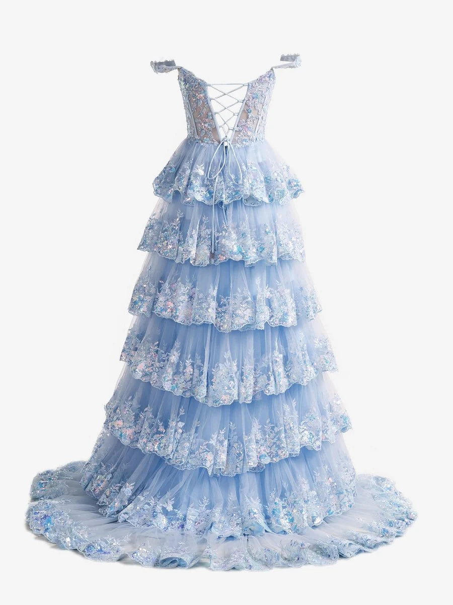 Sky Blue Off-the-Shoulder Sequin Floral Tiered Tulle Lace Up Back Prom Evening Dress with Train