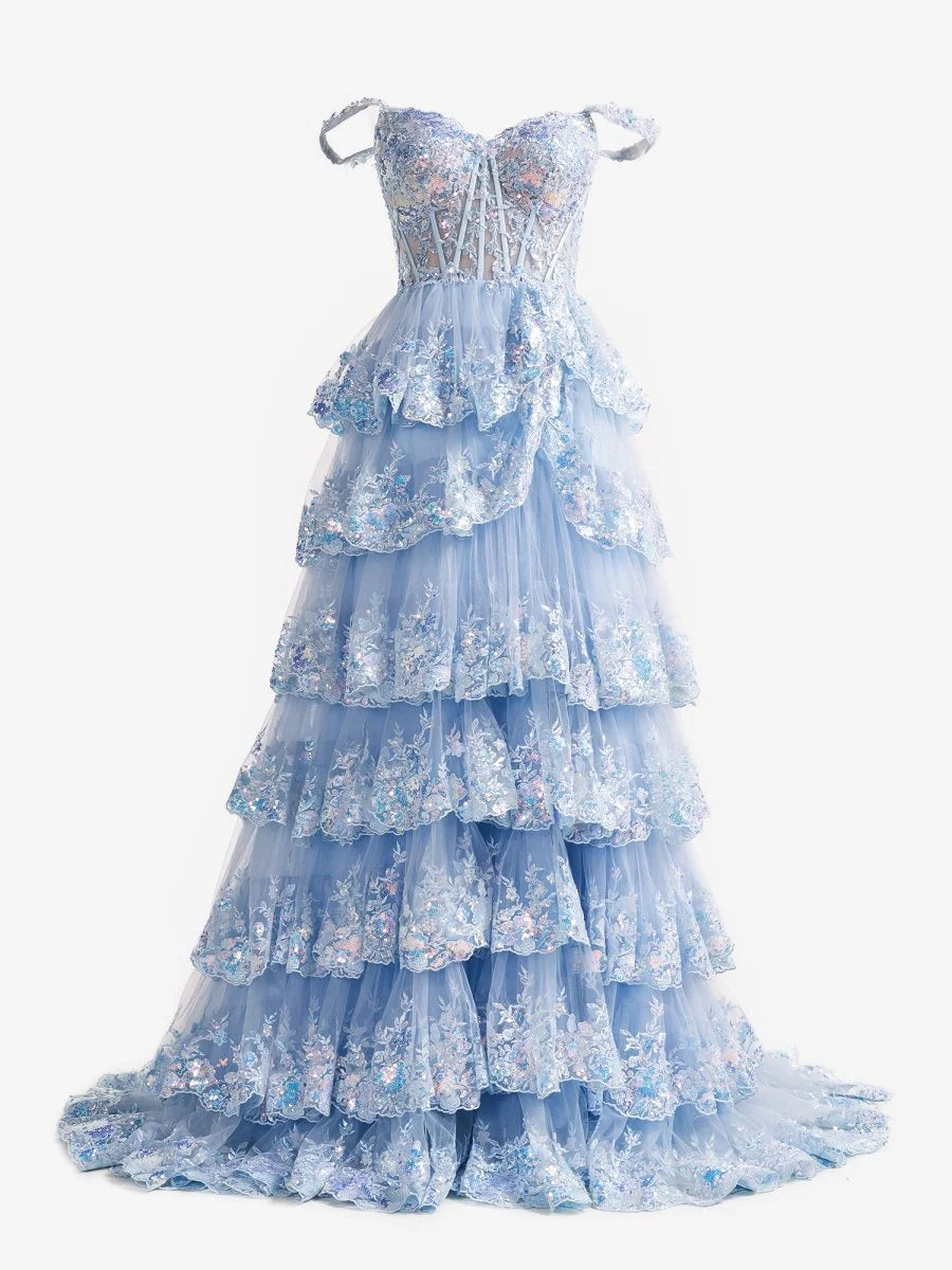 Sky Blue Off-the-Shoulder Sequin Floral Tiered Tulle Lace Up Back Prom Evening Dress with Train