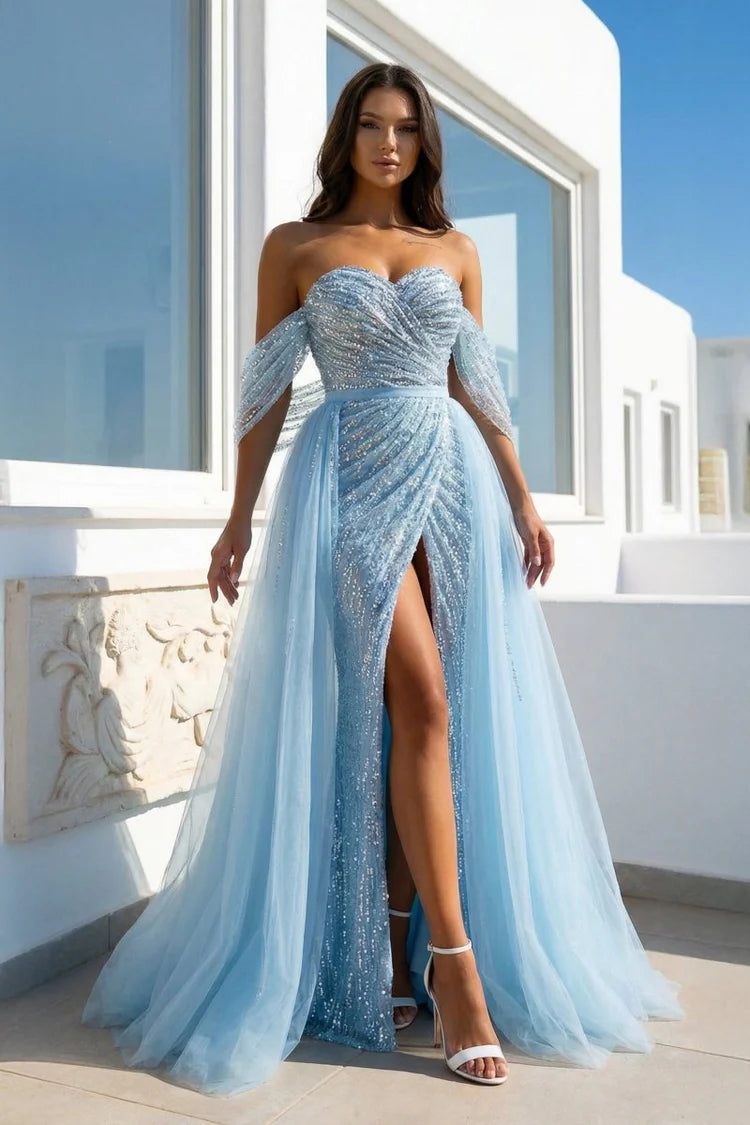 Sky Blue Off Shoulder Sequin Tulle Maxi Evening Dresses