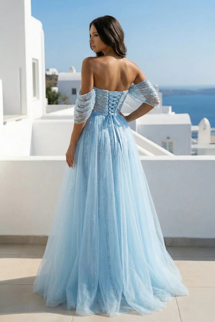 Sky Blue Off Shoulder Sequin Tulle Maxi Evening Dresses