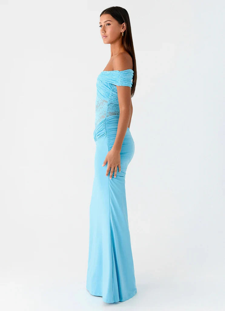 Sky Blue Off The Shoulder Lace Mermaid Maxi Prom Dress For Elegant Formal Evening Events