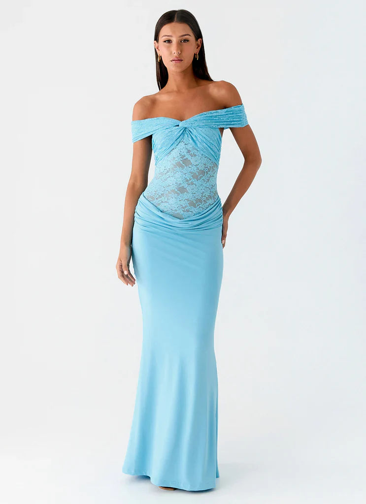 Sky Blue Off The Shoulder Lace Mermaid Maxi Prom Dress For Elegant Formal Evening Events