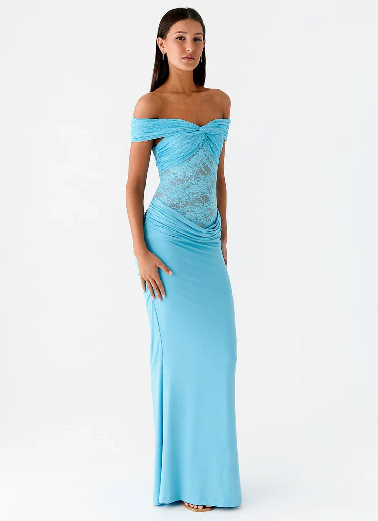 Sky Blue Off The Shoulder Lace Mermaid Maxi Prom Dress For Elegant Formal Evening Events