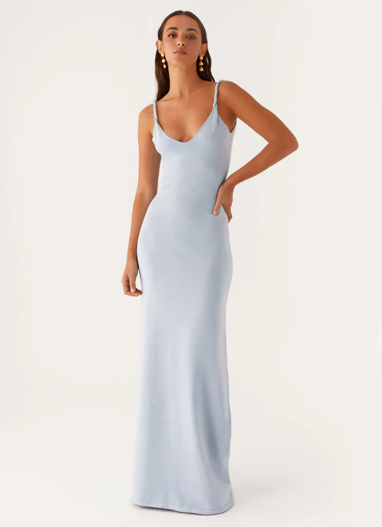 Sky Blue Ribbed Twisted Strap Backless Maxi Dress For Elegant Casual Party Events